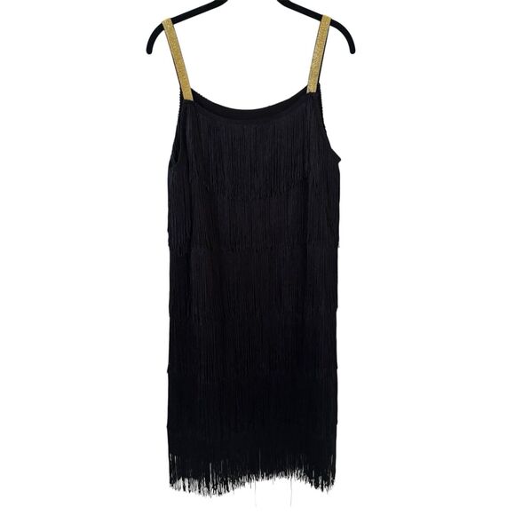Roaring 20s Flapper Mini Dress Fringe Black Gold Size XL Party Retro Cocktail - Picture 1 of 12